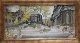 IRENE WELBURN (XX). Impressionist town scene with figures, signed lower right, oil on board, framed,