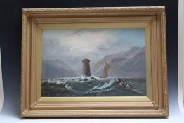 W. KILROY (XIX). Stormy mountainous coastal scene and figure in a rowing boat, signed lower right,