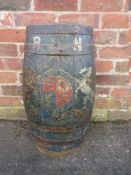 AN EARLY 19TH CENTURY ROYAL NAVY COOPERED BARREL, blue ground, with painted royal coat of arms, H 63
