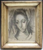 (XX). Russian school, monotone head and shoulder study of a young woman, indistinctly signed and