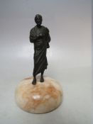 A SMALL BRONZE MODEL OF A ROMAN SENATOR, on domed marble base, H 13.25 cm