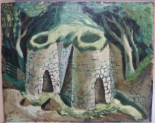 LUCY HARWOOD (XX) modernist study of kilns in a wooded landscape, signed and inscribed verso, 38 x