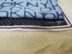 A VINTAGE DKNY SILK SCARF, approximately 50 x 53 cm, together with a vintage Tommy Hilfiger