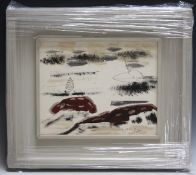 CIRCLE OF JOHN PIPER (1903-1992). Modernist rocky coastal scene with boat and buoy, bears