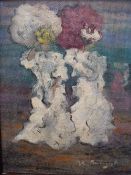 (XX). Impressionist scene with figures holding parasols, signed lower right, oil on card laid on