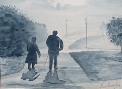 RILEY (XX). A misty parkland scene with two figures on a path, signed and dated 1980 lower right,