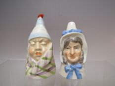 A ROYAL WORCESTER CANDLE SNUFFER, MRS CAUDLE, H 7 cm, together with Mr Caudle, H 8.1 cm