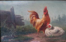 (XIX). Study of chickens in a farmyard, indistinctly signed under slip lower right, oil on panel,
