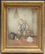 W. HUNT (XIX). British school, cottage interior with young boy sat on a chair, signed lower right,