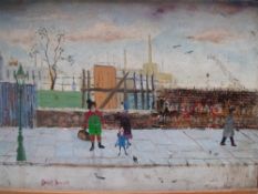 HENRY HARVEY (XX). Northern industrial town scene with figures 'Morning Chat', see verso, signed