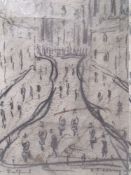 CIRCLE OF LAURENCE STEPHEN LOWRY (1857-1976). Street scene in Salford with numerous figures, bears