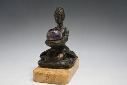 A CLASSICAL ART DECO BRONZED STYLE FEMALE KNEELING HOLDING A CIRCULAR DERBYSHIRE BLUE JOHN GLOBE