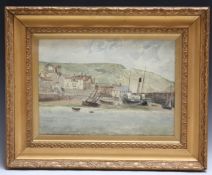 (XIX-XX). Coastal village scene with sailing vessels and figures, cliffs in background, unsigned,