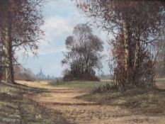 NIGEL HALLARD (b.1936). Wooded rural landscape with figures and horses, village beyond, signed and