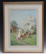 JOSEPH KIRKPATRICK (1872-1930). A rural cottage scene with young woman with two calves by a