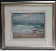 ATMOSPHERIC COASTAL BEACH SCENE WITH HALCYON GALLERY LABEL VERSO, indistinctly signed and dated 19?3