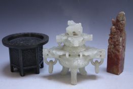 THREE ORIENTAL PIECES CONSISTING OF A JADE CENSOR, a miniature bronze type table and a carved