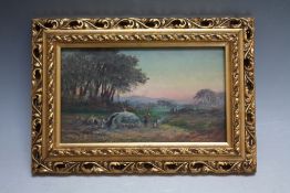 ENGLISH SCHOOL (XIX). A country campsite, oil on board, gilt framed, 9 x 15.5 cm