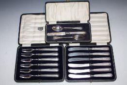 A CASED HALLMARKED SILVER THREE PIECE CHRISTENING SET - BIRMINGHAM 1925, together with a cased set
