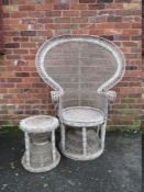 A LARGE AND IMPRESSIVE CANE / WICKER PEACOCK CHAIR WITH MATCHING SIDE TABLE (2)
