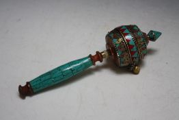 A 20TH CENTURY EASTERN ENAMELLED AND WHITE METAL PRAYER WHEELS, H 24.5 cm, S/DCondition Report: