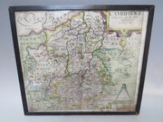 AN ANTIQUE HAND COLOURED SAXON- KIP MAP OF CAMBRIDGE c.1637 framed and glazed, 32 x 36 cm