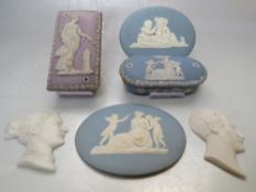 A SMALL SELECTION OF EARLY WEDGWOOD JASPERWARE TO INCLUDE TWO OVAL TURNER PLAQUES, one S/D. both W