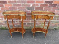 A PAIR OF FRENCH MAHOGANY AND KINGWOOD INLAID KIDNEY SHAPED OCCASIONAL TABLES, with pierced