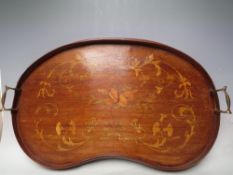 AN EDWARDIAN MAHOGANY AND MARQUETRY INLAID KIDNEY SHAPED TRAY, with twin brass handles and galleried