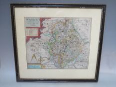 AN ANTIQUE HAND COLOURED SAXON- KIP MAP OF WARWICKSHIRE c.1637, framed and glazed, 29 x 36 cm
