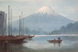 H. YOSHIDA (XX). Japanese school, lake scene with fisherman and boats, before Mount Fuji, signed