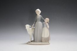 A LLADRO FIGURE OF A SHEPHERDESS WITH YOUNG GIRL AND A SHEEP, matt finish, impressed and printed