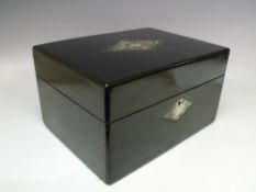 A VICTORIAN EBONISED WRITING BOX OF RECTANGULAR FORM, with inset mother of pearl and abalone