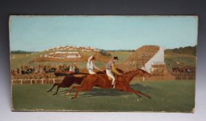 (XX). Rural horse racing scene with numerous figures, unsigned, oil on card, unframed, 20 x 39 cm