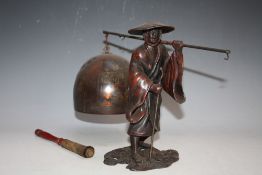 A TABLE BELL IN THE FORM OF CHINESE BRONZE FIGURE OF A MAN, together with striker, H 21.5 cm