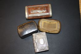 FOUR ASSORTED SNUFF BOXES, to include a novelty double sided example in the form of a book with