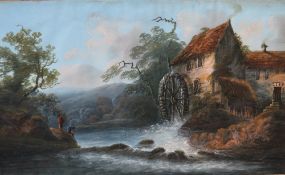 THOMAS WALMSLEY (1763-1806). Wooded rocky river landscape with anglers and watermill, hills