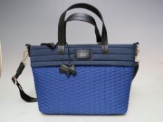 A NEW WITH TAGS LADIES RADLEY TEXTILE NAVY / SAPPHIRE BLUE HANDBAG, zip closure to top edge,