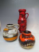 A COLLECTION OF THREE VINTAGE / RETRO WEST GERMAN STUDIO POTTERY VASES, model numbers to base of