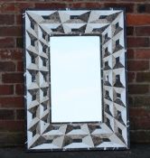 AN ART DECO STYLE TROMP L'OEIL INLAID MARBLE SURROUND MIRROR, mirror size 60 x 35 cm, overall size