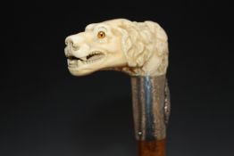 A HALLMARKED SILVER BANDED CARVED IVORY TOPPED WALKING CANE IN THE FORM OF A DOGS HEAD-LONDON