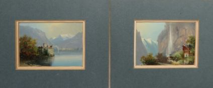 (XX). A pair of Continental school mountainous landscapes with lake, buildings and waterfall,