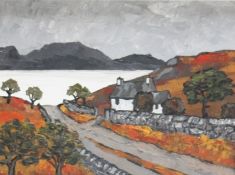 DAVIS BARNES (XX-XXI). Welsh school, stormy mountainous coastal scene with cottage 'Near Lake Ogwen