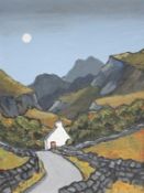 DAVIS BARNES (XX-XXI). Welsh school, moonlit mountainous landscape with cottage 'Into The Hills',