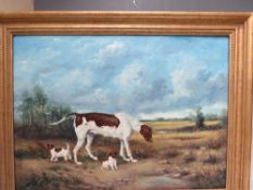 J.COLE (XX). British school, stormy wooded landscape with a pointer and her two puppies, signed