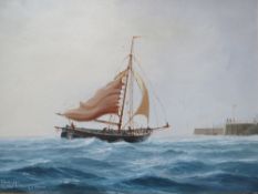PHILIP MARCHINGTON (XX). English school, fishing vessel in a swell, approaching harbour, signed