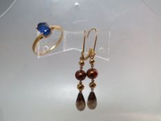 A 10K GOLD AND BLUE STONE SOLITAIRE RING, ring size P 1/2, together with a pair of Mexican 10K gold,