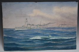 (XX) Naval scene with battleships and submarine, signed with monogram lower right, watercolour,