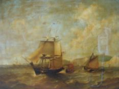 (XIX). Stormy coastal scene with sailing vessels and figures in a medium swell, cliffs in