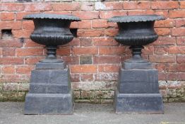 A PAIR OF ANTIQUE CAST URNS ON PLINTHS, of typical form, urn H 44 cm, Dia. 47 cm, overall H 79 cm (